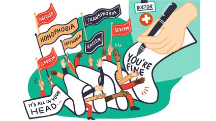 People holding flags labeled with social issues like homophobia, racism, and sexism, confronting a large hand writing 'You're fine' on a paper.