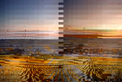 Crop field with windmills in the distance 