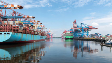 Ships with shipping containers, shown in port