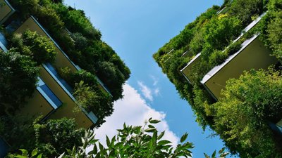 Low angle shot of two buildings with plants growing from them.